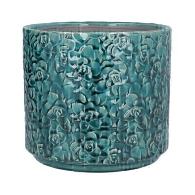 Large Teal ceramic pot cover with Succulent design by the designer Gisela Graham who designs really beautiful gifts for your home and garden. Suitable for an artifical or real plant. Great to show off your plants and would make an ideal gift for a gardener or someone who likes plants. Also comes available in other colours and other sizes. This is the Large pot cover.